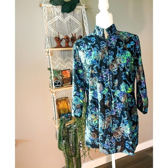 Alice Polynesian Womens Nehru Tiki Jacket Blue Floral Zip Up Mandarin Vintage M - Picture 5 of 12